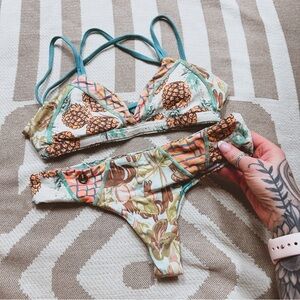 Maaji set seafoam green teal pineapple thong strappy bikini S